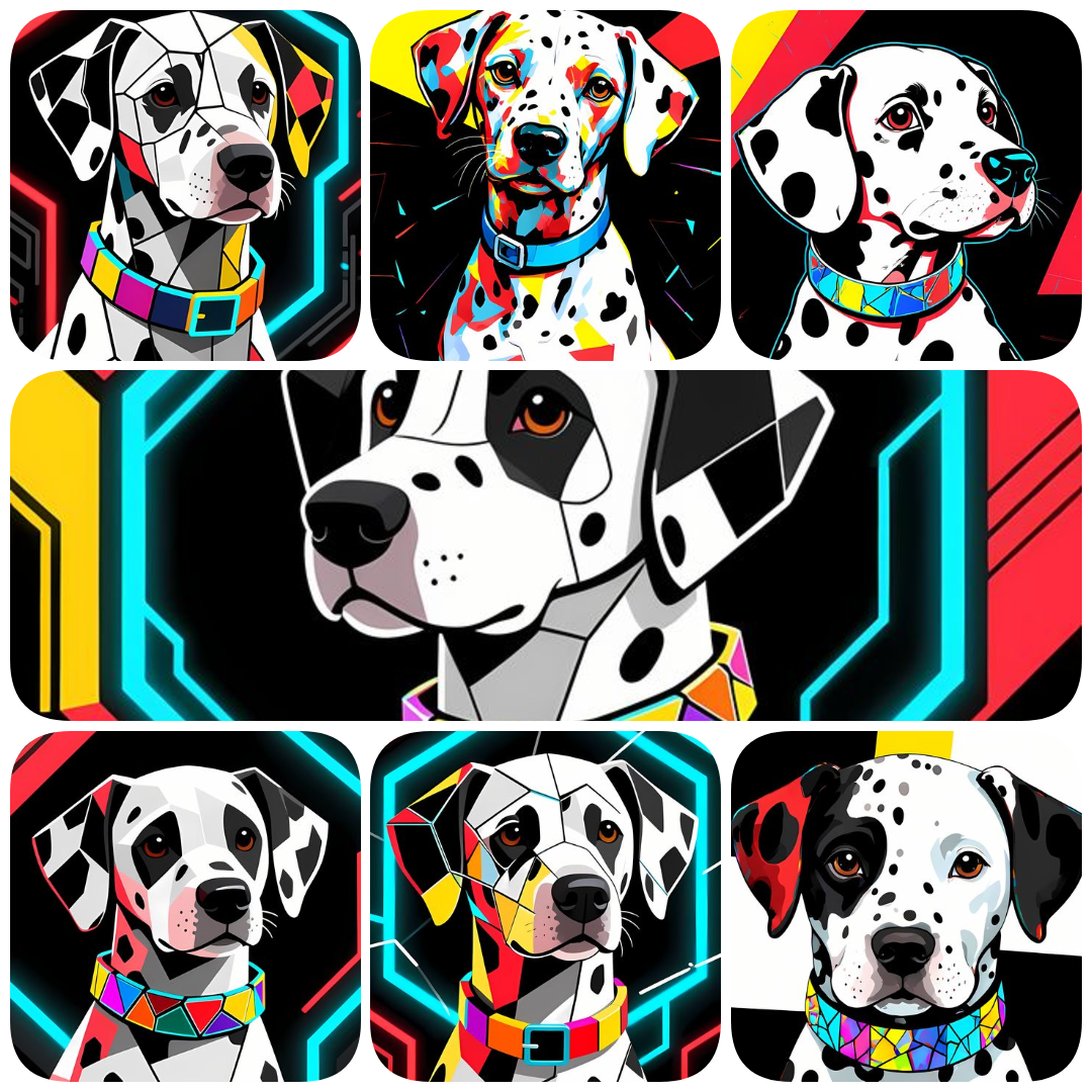 cyberpunk dog art, cubist dog illustrations, dog wall art, futuristic dog images, digital dog portraits, unique dog artwork, abstract dog print, modern dog decor, colorful dog art, dog poster digital, high res dog art, dog clipart bundle, AI art dogs, dig