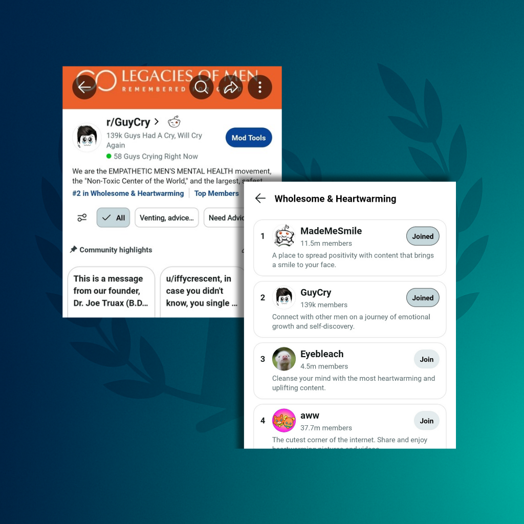 Composite screenshot showing the r/GuyCry community on Reddit with 139,000 members, listed as #2 in the Wholesome & Heartwarming category. The overlay also displays the ranking list, where GuyCry is positioned below MadeMeSmile and above EyeBleach and Aww.