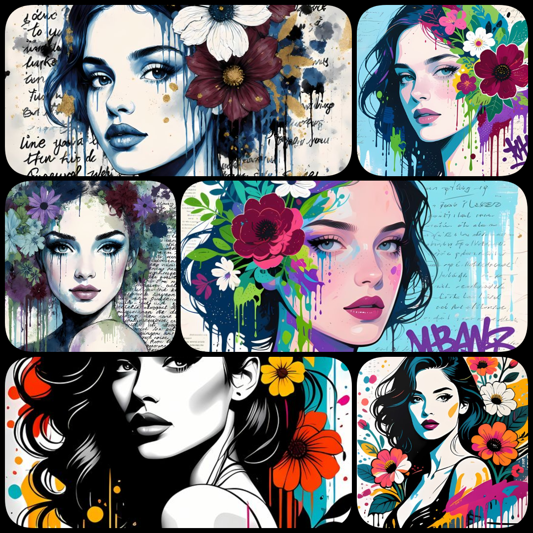 contemporary pop art, street art portraits, graffiti-inspired art, modern digital illustrations, feminine portraits, urban art bundle, high-resolution digital art, bold floral accents, mixed media digital art, layered textures, urban wall décor, modern po