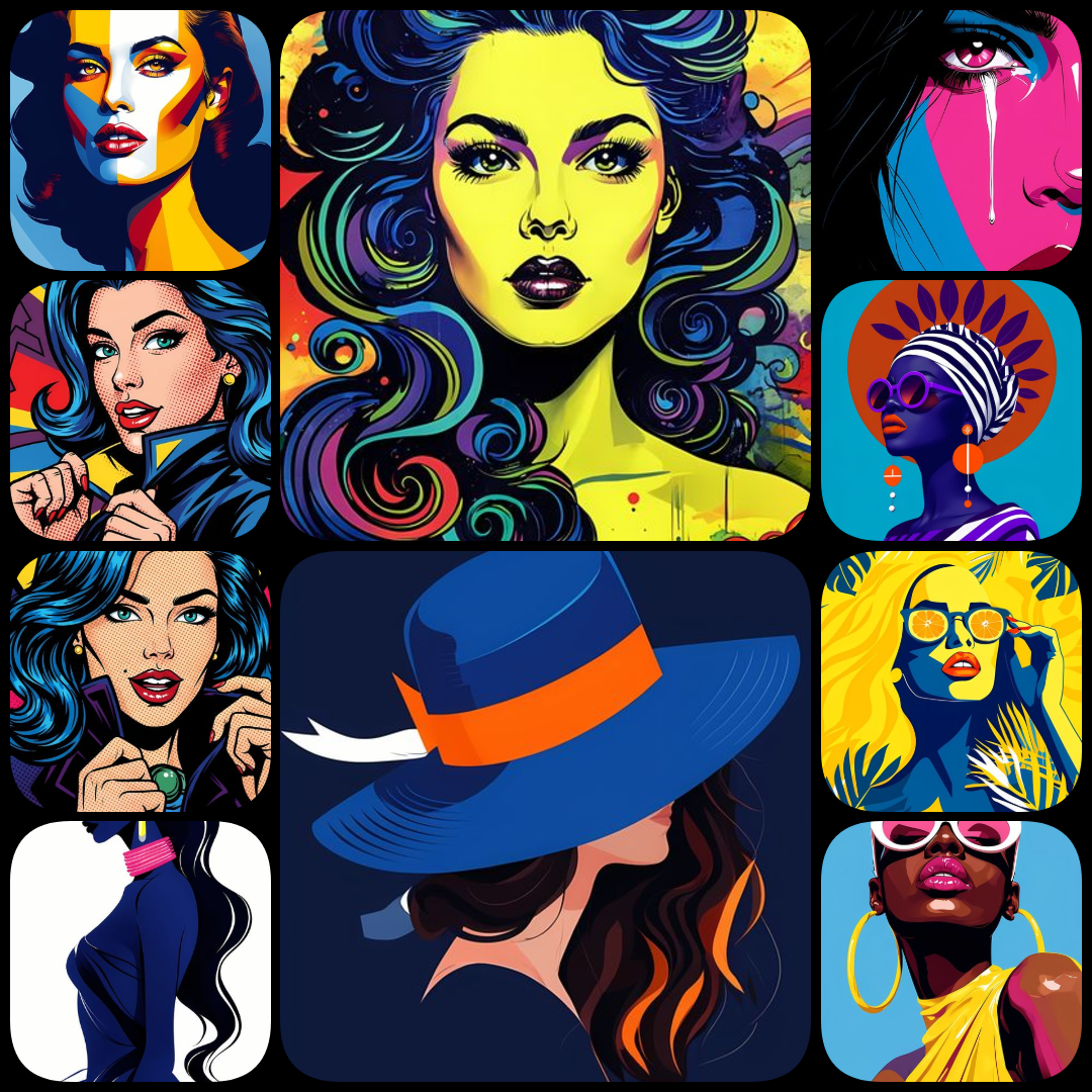 contemporary pop art, street art portraits, graffiti-inspired art, modern digital illustrations, feminine portraits, urban art bundle, high-resolution digital art, bold floral accents, mixed media digital art, layered textures, urban wall décor, modern po