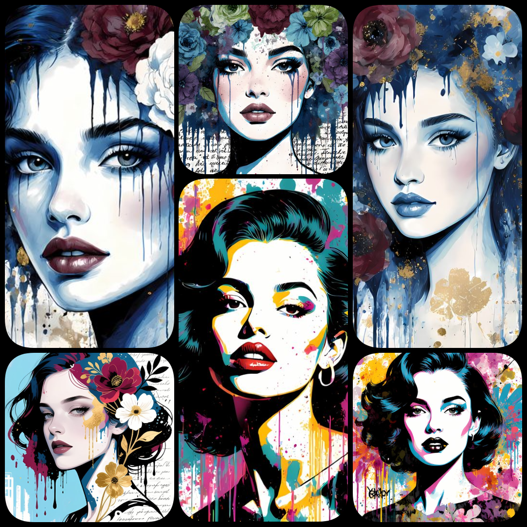 contemporary pop art, street art portraits, graffiti-inspired art, modern digital illustrations, feminine portraits, urban art bundle, high-resolution digital art, bold floral accents, mixed media digital art, layered textures, urban wall décor, modern po