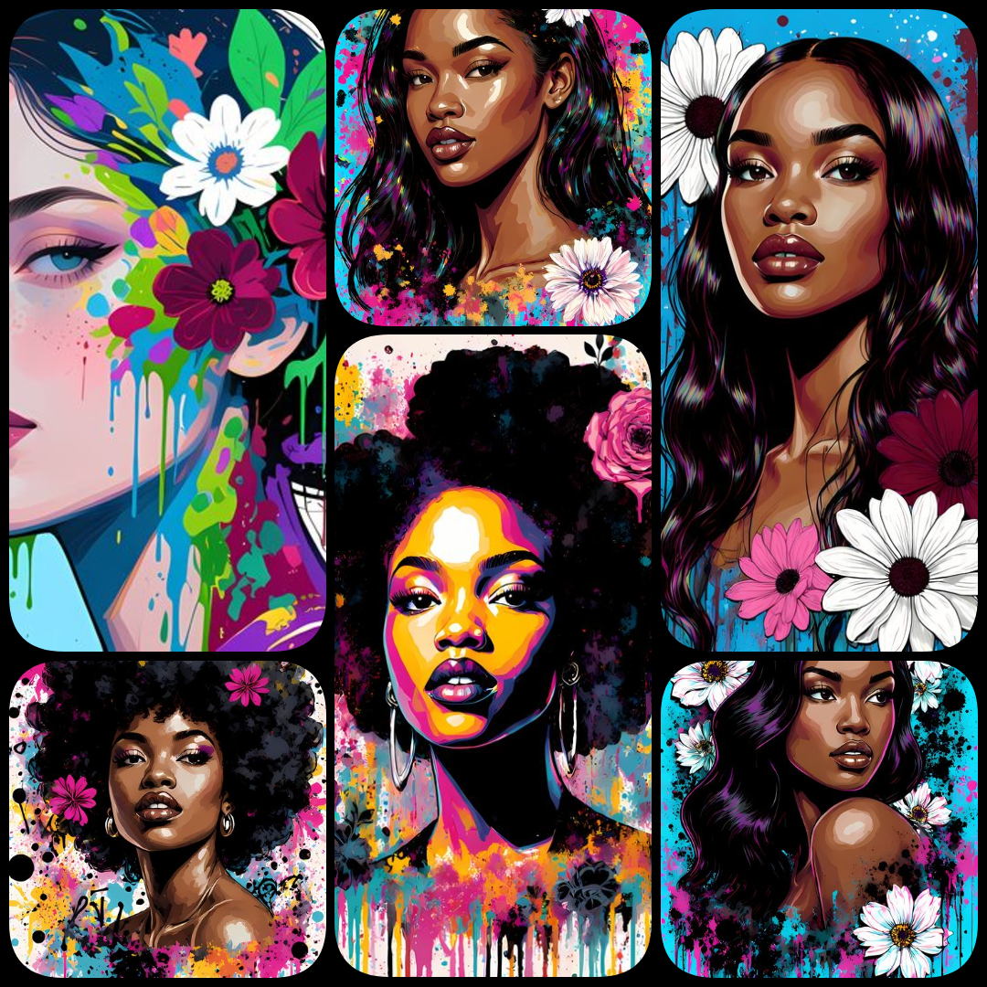 contemporary pop art, street art portraits, graffiti-inspired art, modern digital illustrations, feminine portraits, urban art bundle, high-resolution digital art, bold floral accents, mixed media digital art, layered textures, urban wall décor, modern po