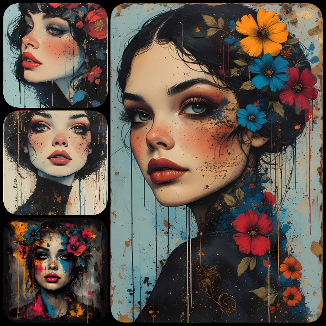 surreal portrait art, expressive digital portraiture, contemporary mixed media, fine art portrait realism, abstract portrait art, modern surrealist art, vivid floral accents, painterly textures, dripping paint effects, emotional portrait art, digital fine