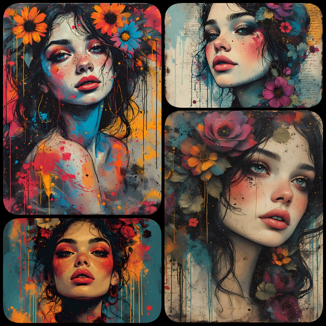 surreal portrait art, expressive digital portraiture, contemporary mixed media, fine art portrait realism, abstract portrait art, modern surrealist art, vivid floral accents, painterly textures, dripping paint effects, emotional portrait art, digital fine