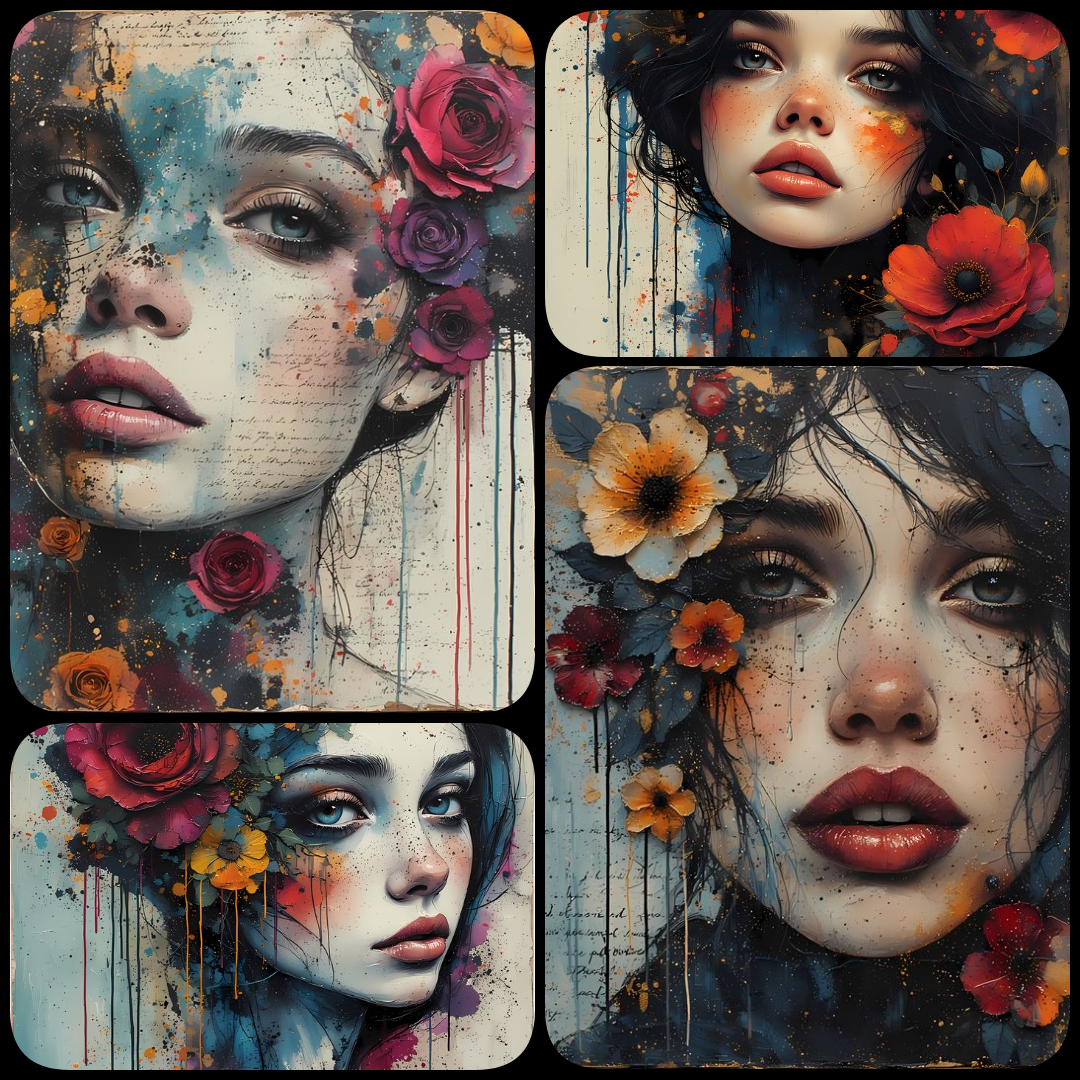 surreal portrait art, expressive digital portraiture, contemporary mixed media, fine art portrait realism, abstract portrait art, modern surrealist art, vivid floral accents, painterly textures, dripping paint effects, emotional portrait art, digital fine