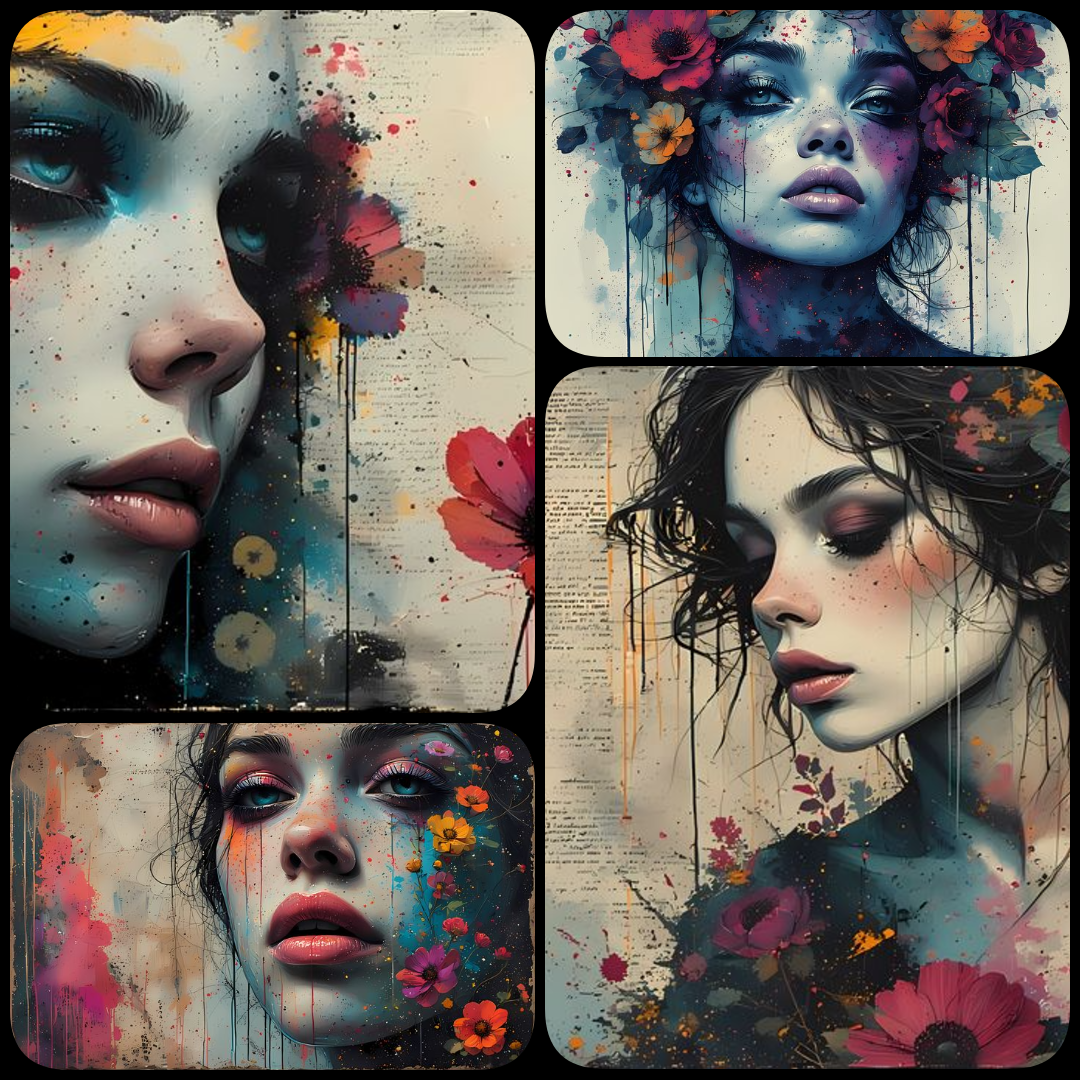 surreal portrait art, expressive digital portraiture, contemporary mixed media, fine art portrait realism, abstract portrait art, modern surrealist art, vivid floral accents, painterly textures, dripping paint effects, emotional portrait art, digital fine