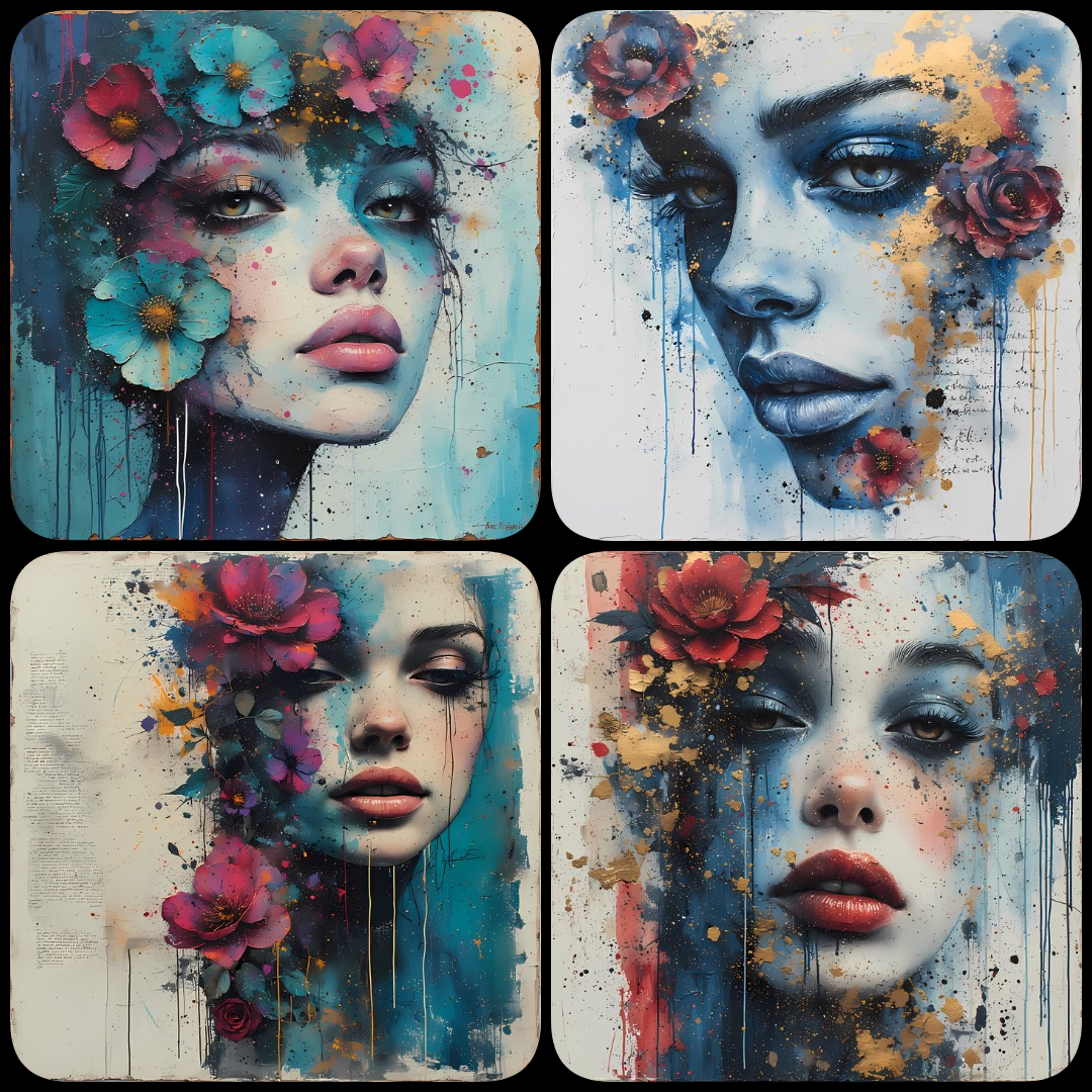 surreal portrait art, expressive digital portraiture, contemporary mixed media, fine art portrait realism, abstract portrait art, modern surrealist art, vivid floral accents, painterly textures, dripping paint effects, emotional portrait art, digital fine