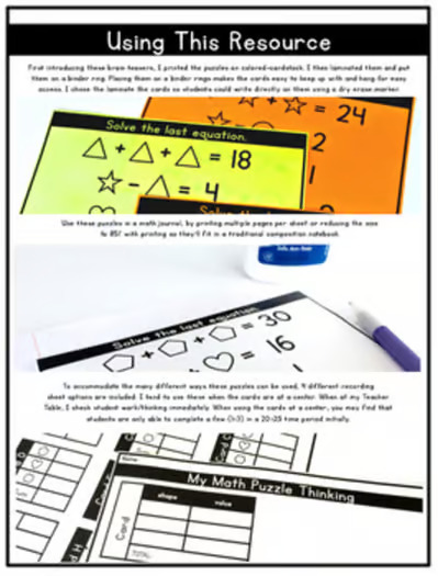Math Logic Puzzles Set 2: 1st & 2nd Grade Algebraic Thinking & Math Enrichment