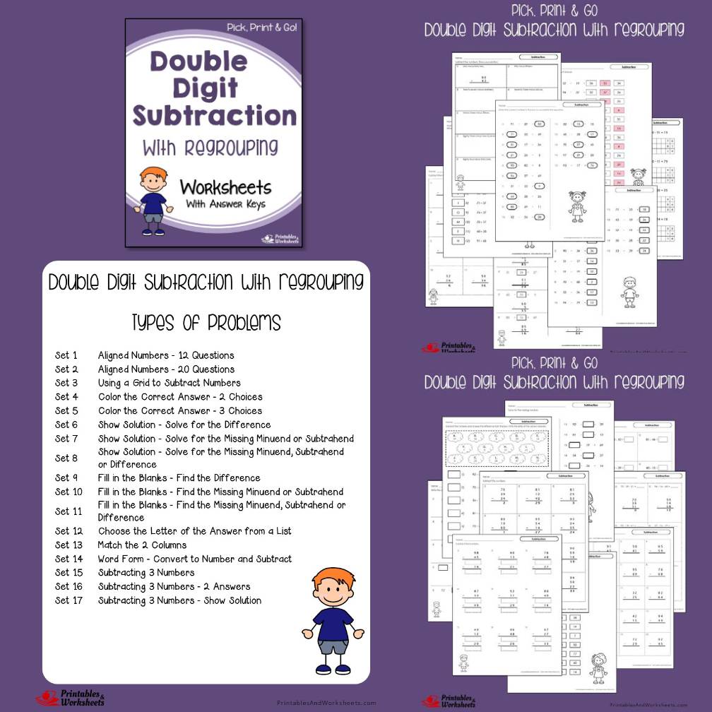 Two Digit Subtraction With, Without Regrouping Worksheets