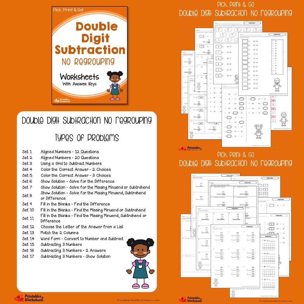 Two Digit Subtraction With, Without Regrouping Worksheets