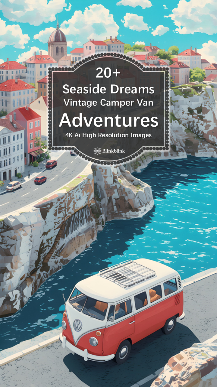 holiday van art, coastal road trip art, retro travel illustration, VW camper van artwork, seaside town digital download, vintage summer aesthetic, wanderlust wall art, AI travel art pack