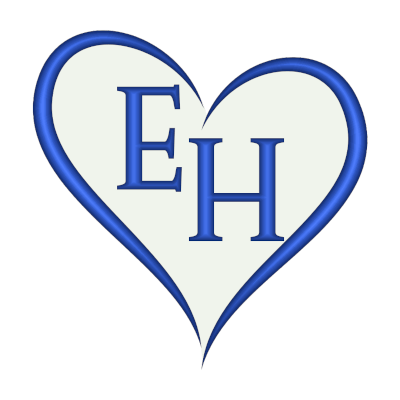Erin Halbmaier’s logo - a blue heart with “EH” inside