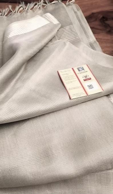 'Radiant Silver' Handloom Pure Tussar Tissue Silk 