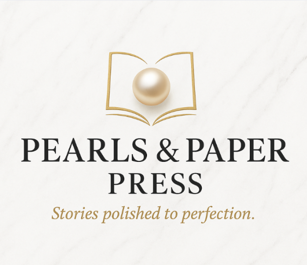 Pearls & Paper Press logo, cream marble background with a large pearl on a book outline