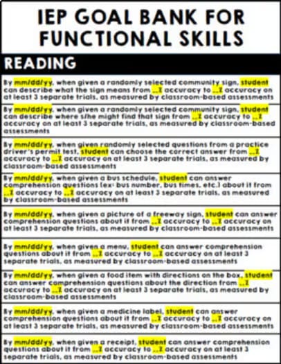IEP Goal Bank - Life Skills - Functional IEP Goals - Special Education