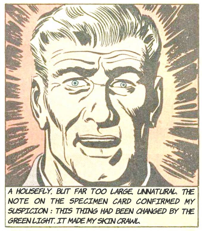 A retro comic panel showing a man's shocked face. The text describes an unnaturally large insect mutated by the 'green light' from The Green Star mystery game.