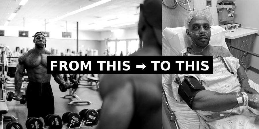 Side by side photo of a man’s journey from elite bodybuilder to hospital bed, symbolizing the Rise Again Blueprint ebook about rebuilding after rock bottom.