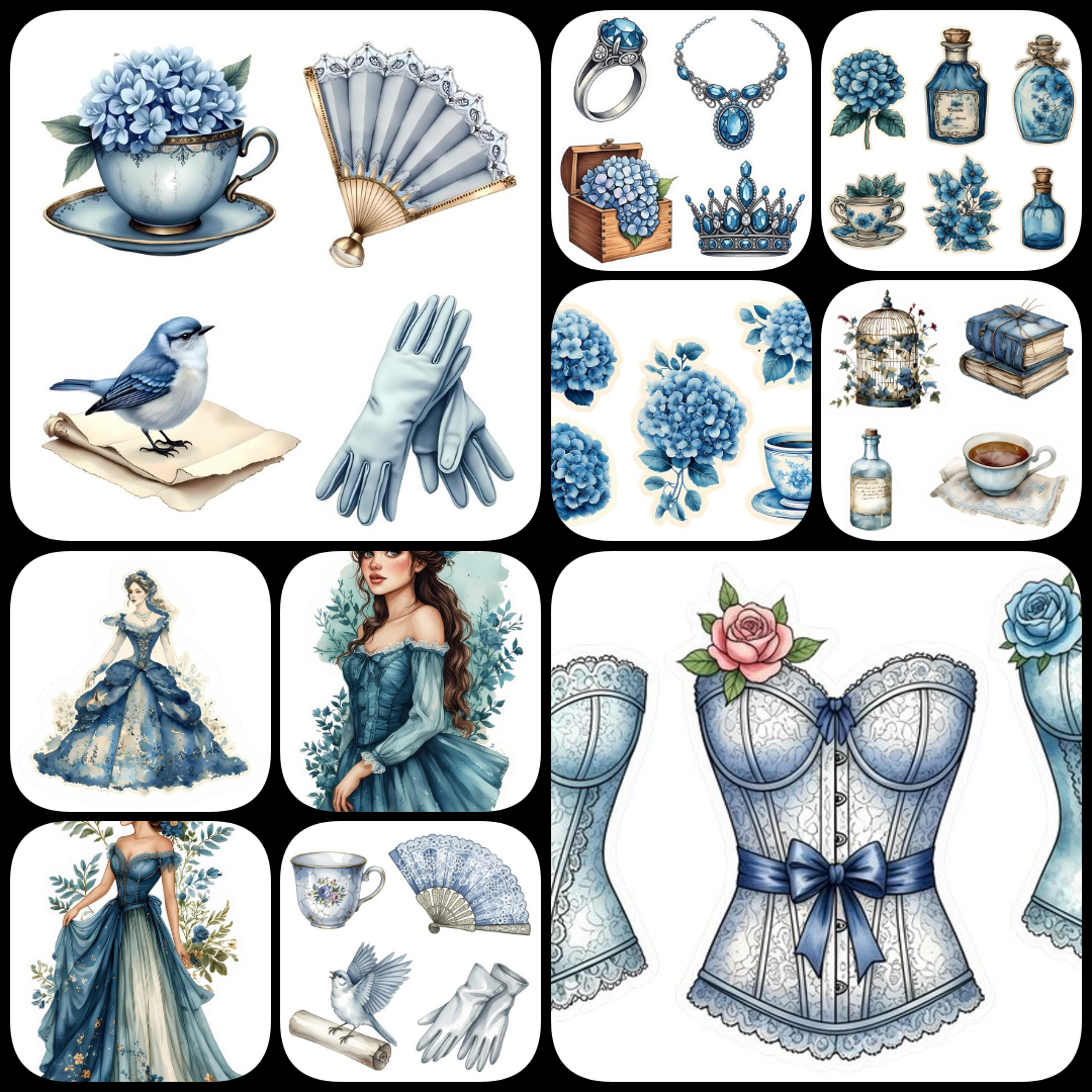 scrapbooking kit, vintage collage kit, shabby chic digital art, blue tones scrapbooking, romantic design pack, digital junk journaling kit, Victorian clipart, vintage stationery art, mixed media digital assets, printable scrapbooking paper, decoupage desi