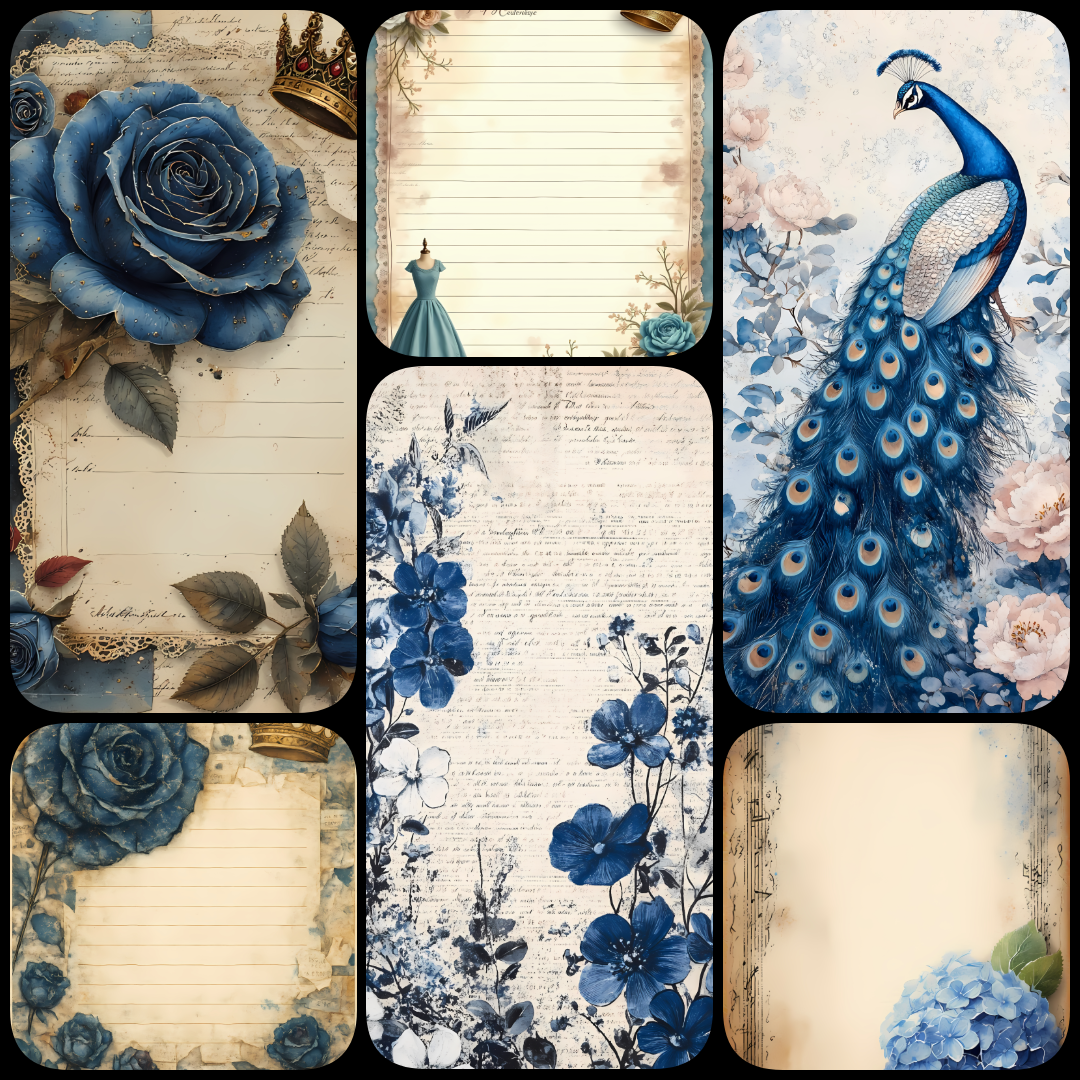 scrapbooking kit, vintage collage kit, shabby chic digital art, blue tones scrapbooking, romantic design pack, digital junk journaling kit, Victorian clipart, vintage stationery art, mixed media digital assets, printable scrapbooking paper, decoupage desi
