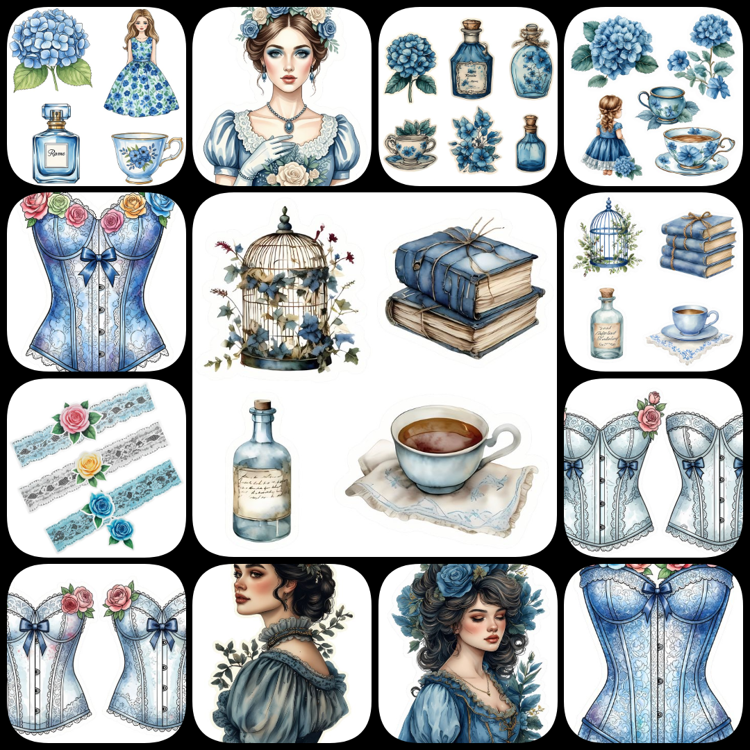 scrapbooking kit, vintage collage kit, shabby chic digital art, blue tones scrapbooking, romantic design pack, digital junk journaling kit, Victorian clipart, vintage stationery art, mixed media digital assets, printable scrapbooking paper, decoupage desi