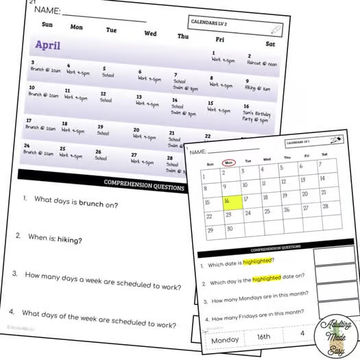 Reading Calendars Worksheets