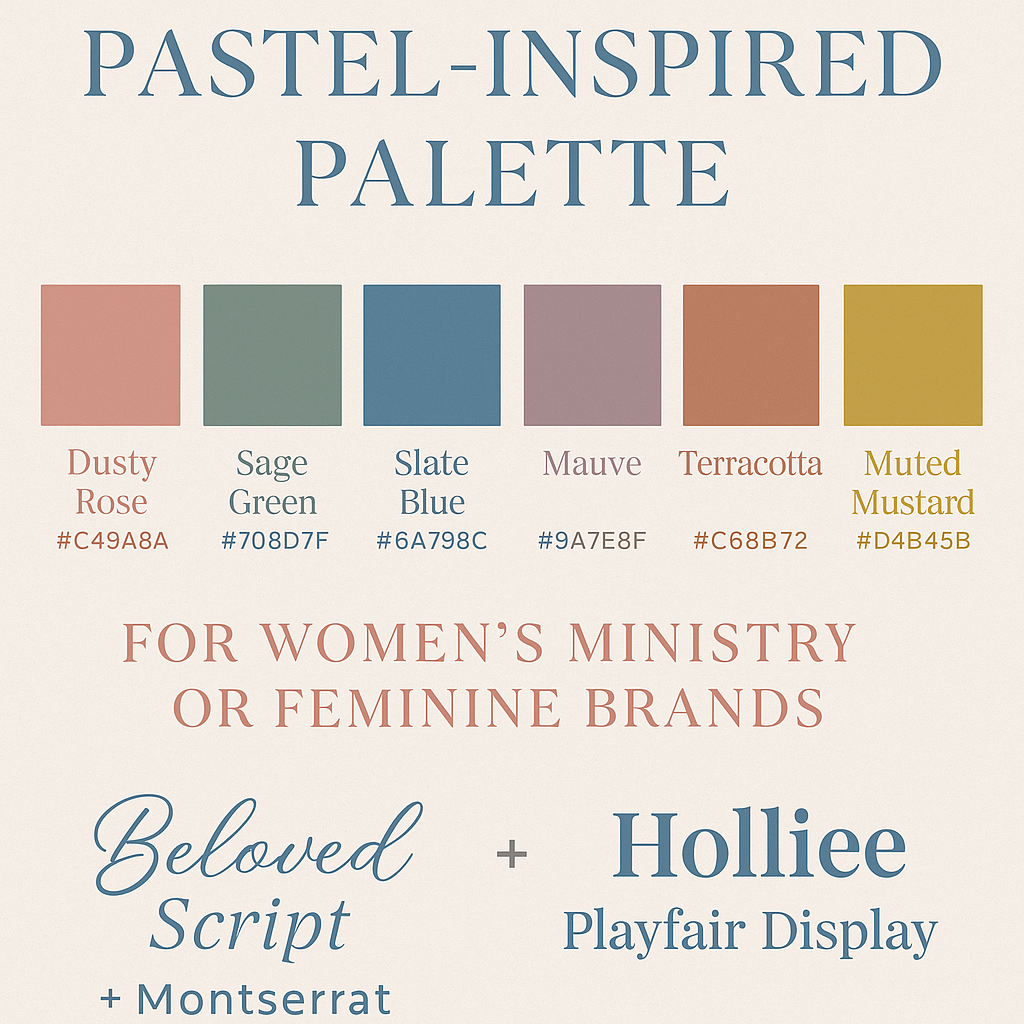 Autumn-inspired pastel mood board featuring dusty rose, sage green, slate blue, mauve, terracotta, and muted mustard. Perfect for women’s ministry branding, feminine design projects, social media graphics, and seasonal creative campaigns. Includes soft, muted colors for elegant and modern aesthetics.