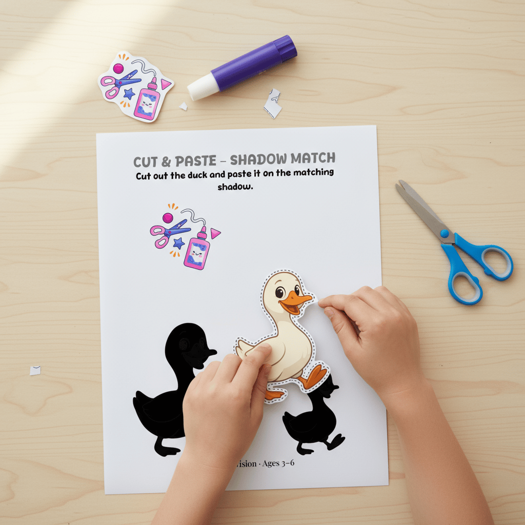 Child cutting and pasting pieces on a printable shadow matching worksheet, hands-on preschool activity for ages 3–6.
