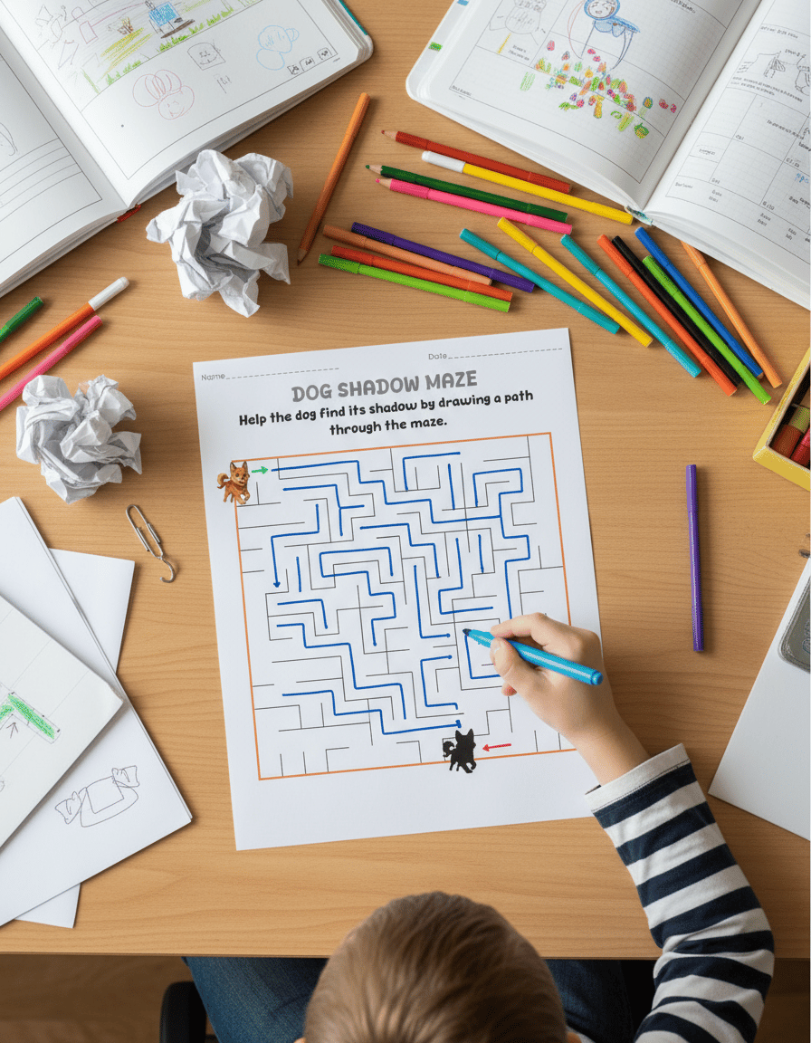 Child completing a printable shadow matching maze worksheet at desk with colored pencils, fun preschool learning activity.