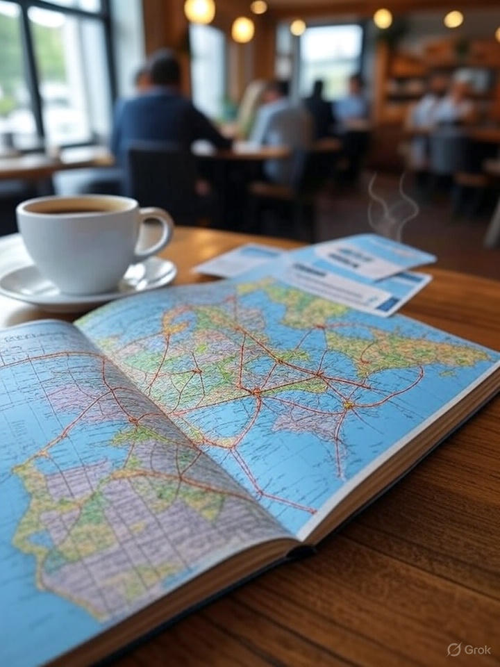 A clean, stylish travel planner notebook open on a café table, with a U.S. map, highlighted routes, coffee cup, and boarding pass nearby. Bright, inviting atmosphere.