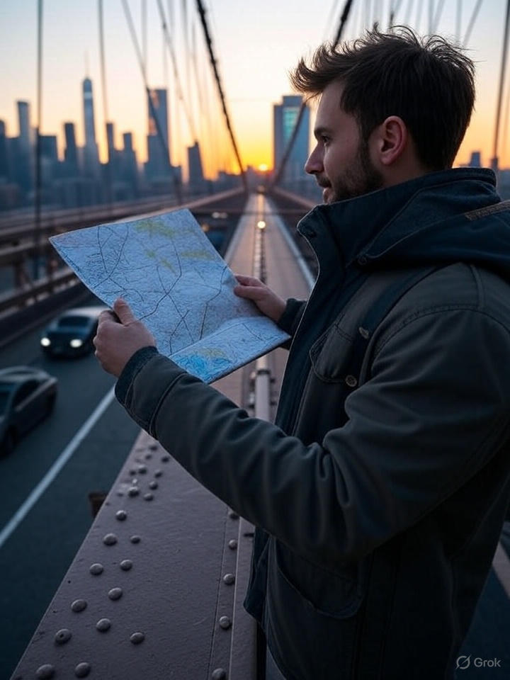 A traveler standing on the Brooklyn Bridge at sunrise, holding a folded itinerary or map, with the Manhattan skyline in the background. Cinematic feel.