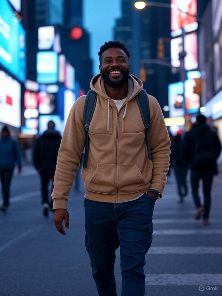 A happy traveler walking confidently through Times Square with a small backpack, smiling, surrounded by bright lights, looking stress-free and ready.