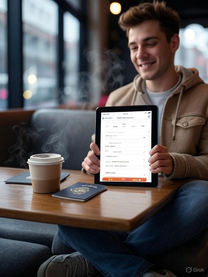 A digital tablet on a traveler’s lap showing a CupVoyager-branded itinerary PDF, with a coffee cup and passport beside it on a cozy table. Modern, clean design.