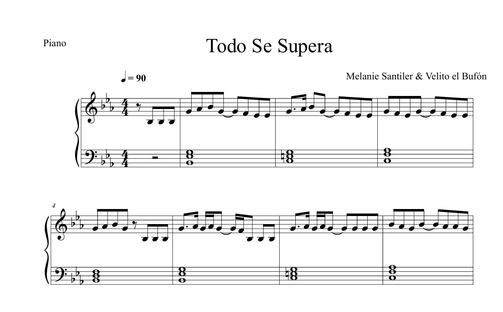 Muestra de la partitura para piano de Todo Se Supera de Melanie Santiler y Velito el Bufón