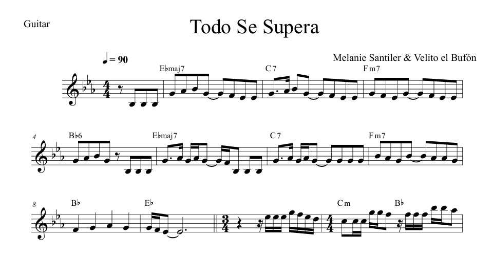 Muestra de la partitura para guitarra de Todo Se Supera de Melanie Santiler y Velito el Bufón