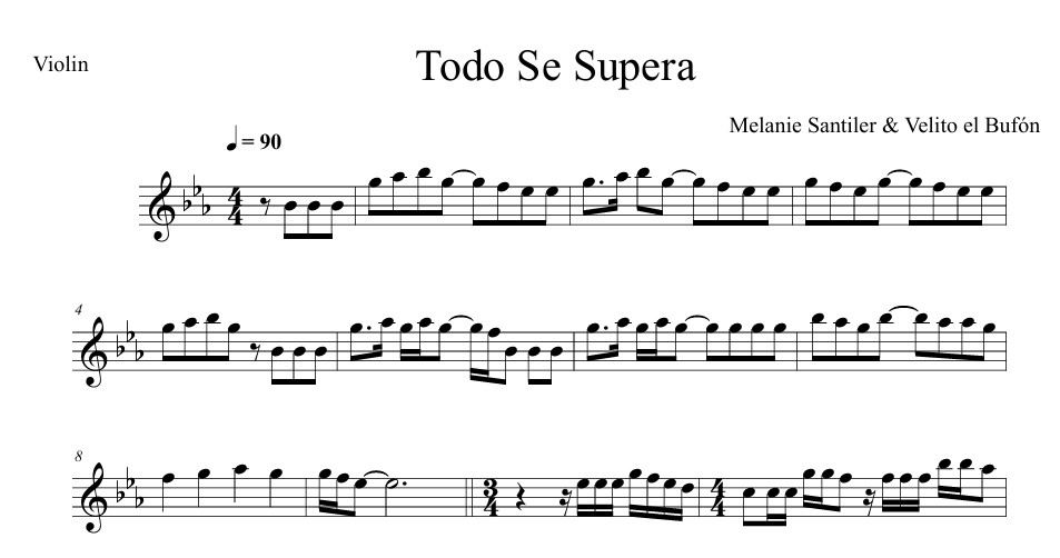 Muestra de la partitura para violín de Todo Se Supera de Melanie Santiler y Velito el Bufón