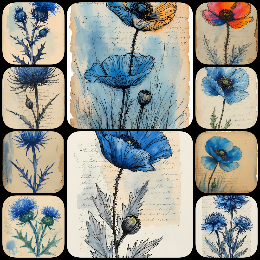 blue flower illustrations, blue floral artwork, botanical wall art, flower clipart bundle, watercolor flower designs, abstract floral art, mixed media flower prints, printable flower art, modern botanical prints, textured flower illustrations, floral digi