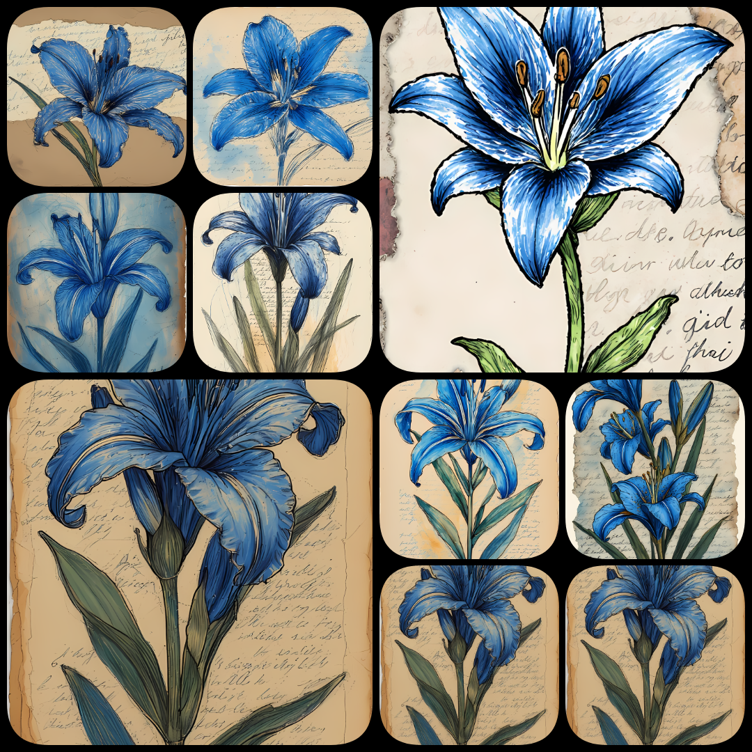 blue flower illustrations, blue floral artwork, botanical wall art, flower clipart bundle, watercolor flower designs, abstract floral art, mixed media flower prints, printable flower art, modern botanical prints, textured flower illustrations, floral digi