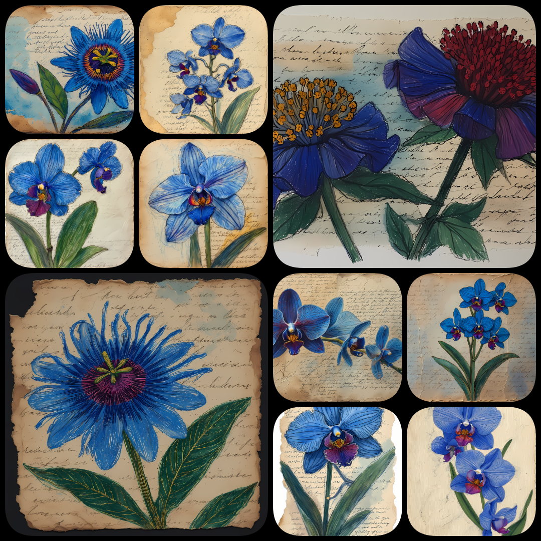 blue flower illustrations, blue floral artwork, botanical wall art, flower clipart bundle, watercolor flower designs, abstract floral art, mixed media flower prints, printable flower art, modern botanical prints, textured flower illustrations, floral digi