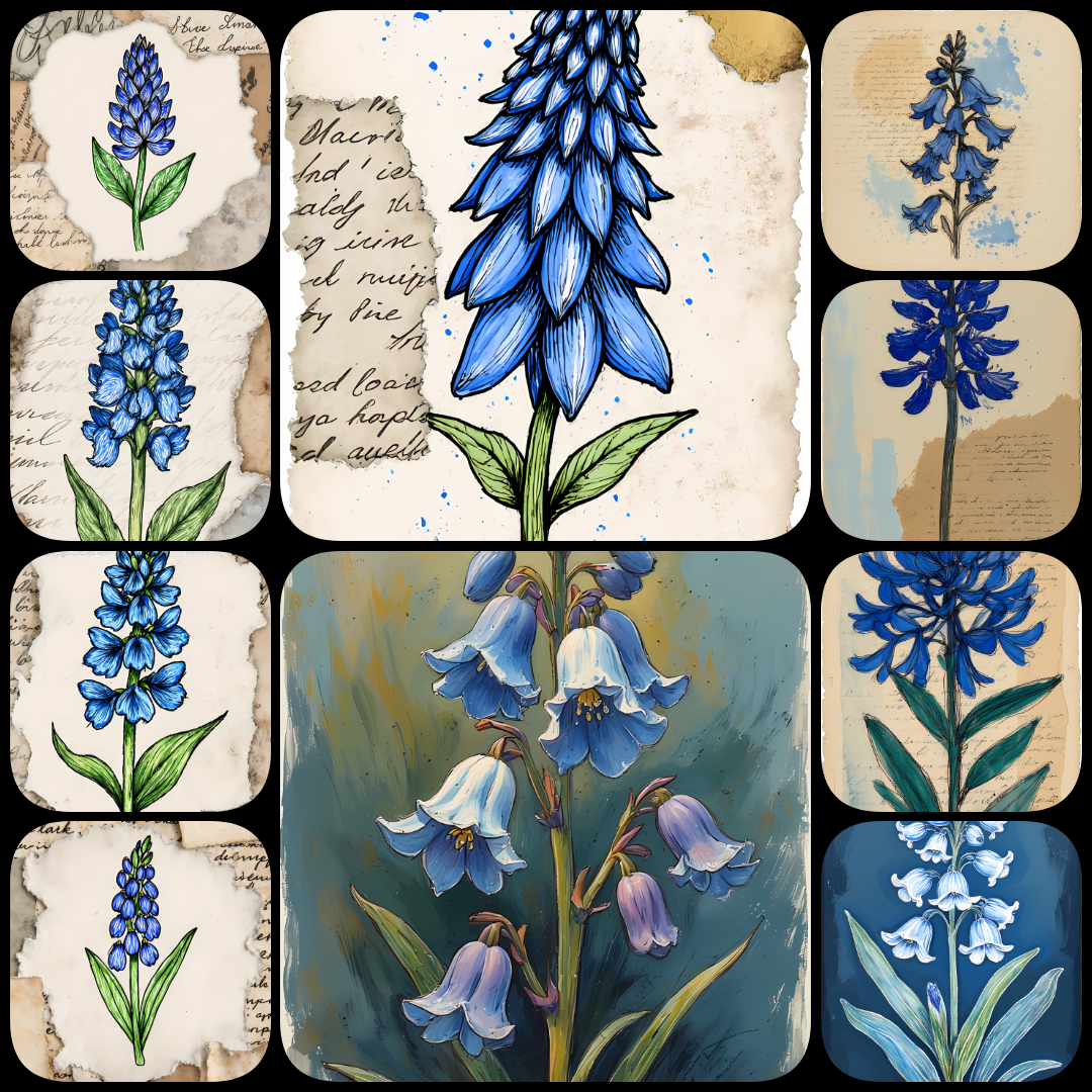 blue flower illustrations, blue floral artwork, botanical wall art, flower clipart bundle, watercolor flower designs, abstract floral art, mixed media flower prints, printable flower art, modern botanical prints, textured flower illustrations, floral digi