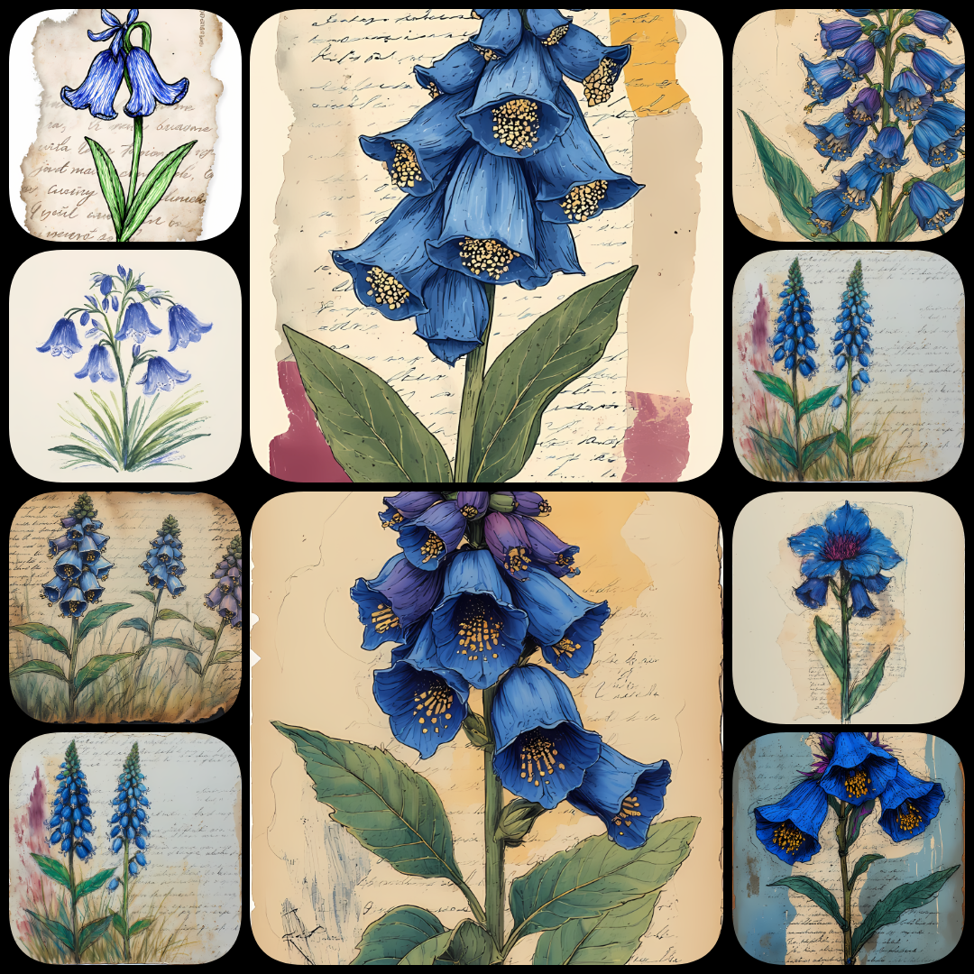 blue flower illustrations, blue floral artwork, botanical wall art, flower clipart bundle, watercolor flower designs, abstract floral art, mixed media flower prints, printable flower art, modern botanical prints, textured flower illustrations, floral digi