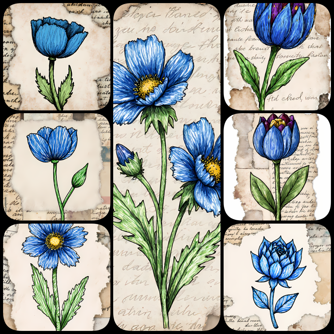 blue flower illustrations, blue floral artwork, botanical wall art, flower clipart bundle, watercolor flower designs, abstract floral art, mixed media flower prints, printable flower art, modern botanical prints, textured flower illustrations, floral digi