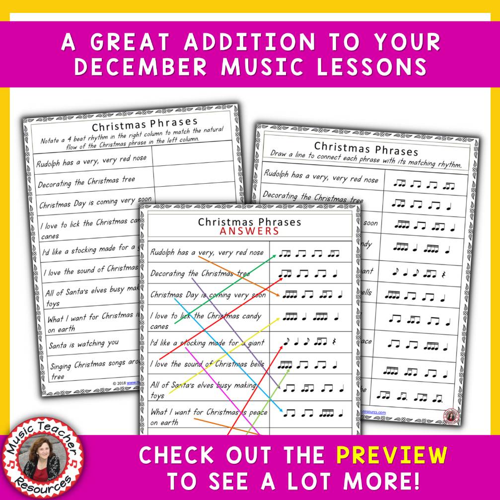 Christmas Music Worksheets - Rhythm and Aural Activities Middle School Music