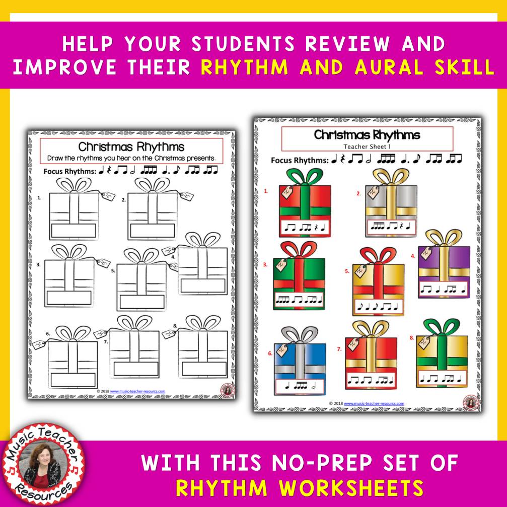 Christmas Music Worksheets - Rhythm and Aural Activities Middle School Music