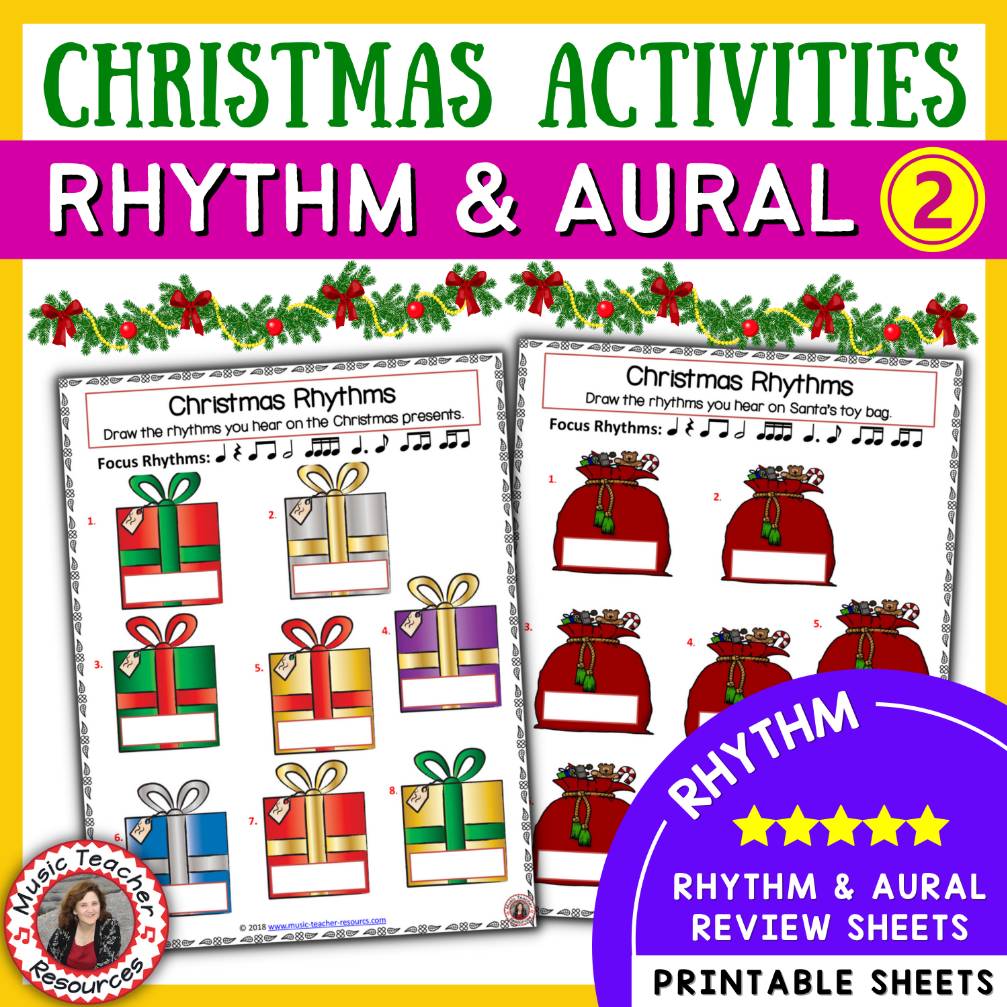 Christmas Music Worksheets - Rhythm and Aural Activities Middle School Music