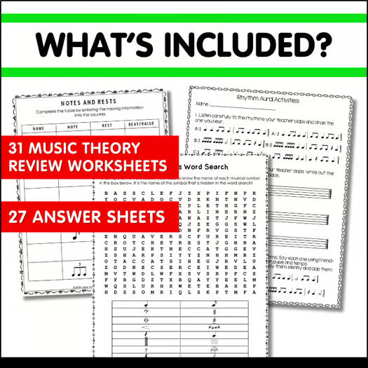 Music Theory Worksheets for Middle School Lesson Plans - Quizzes - Sub Plans