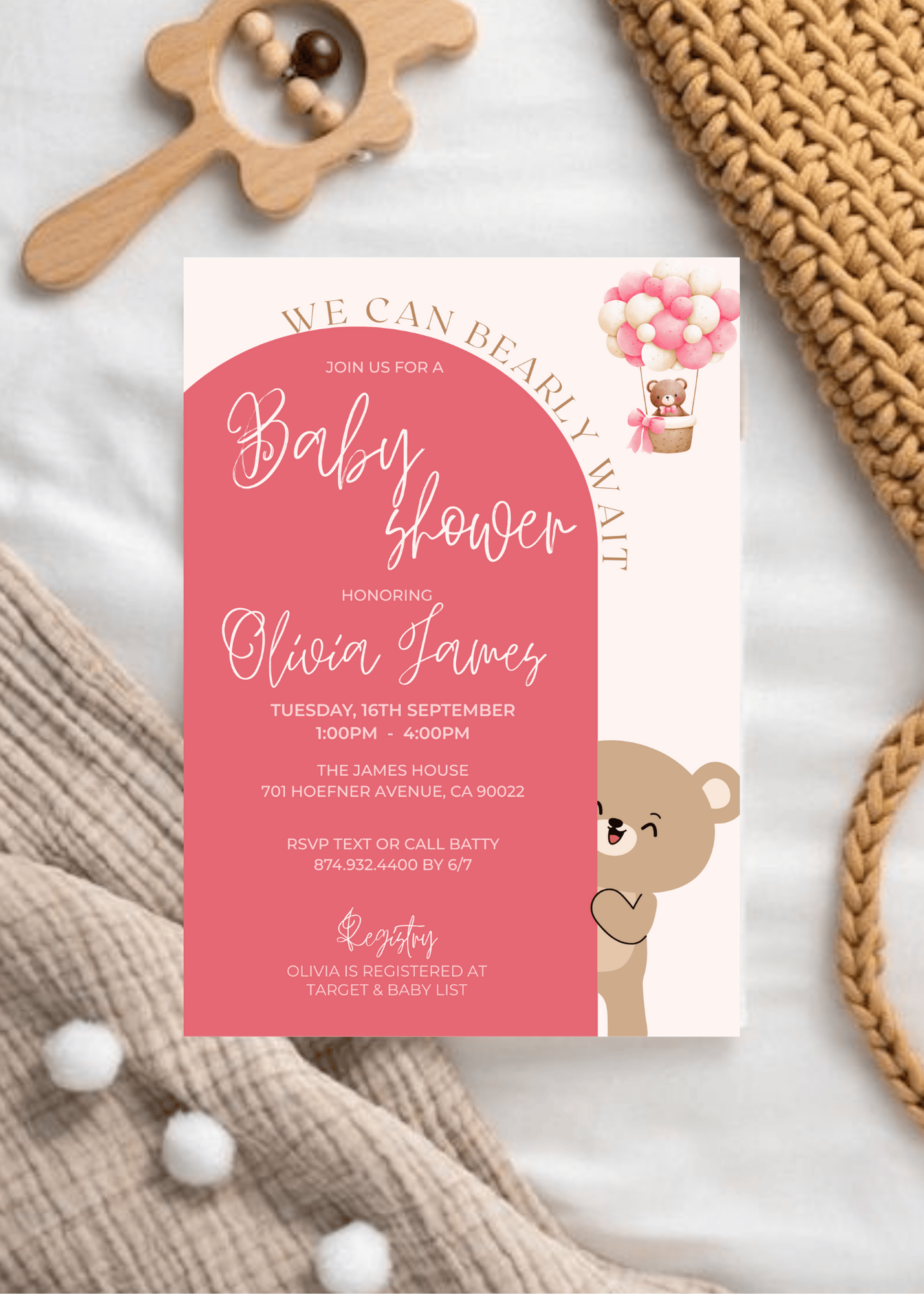 Editable Baby Shower Invitation Template Girl | Pink Teddy Bear Balloon ...