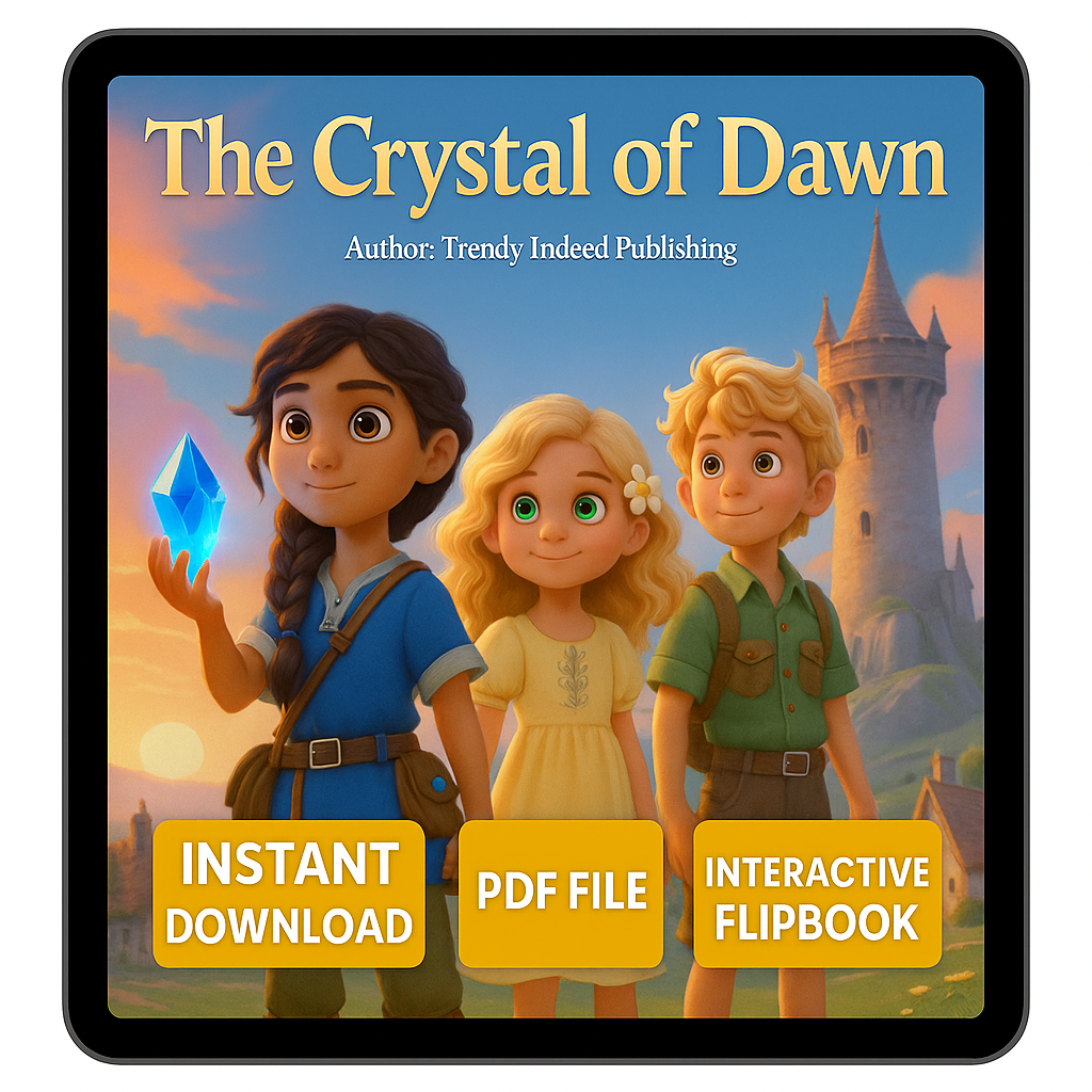 Cover of The Crystal of Dawn children’s fantasy storybook with three young adventurers holding a glowing crystal, free digital download.