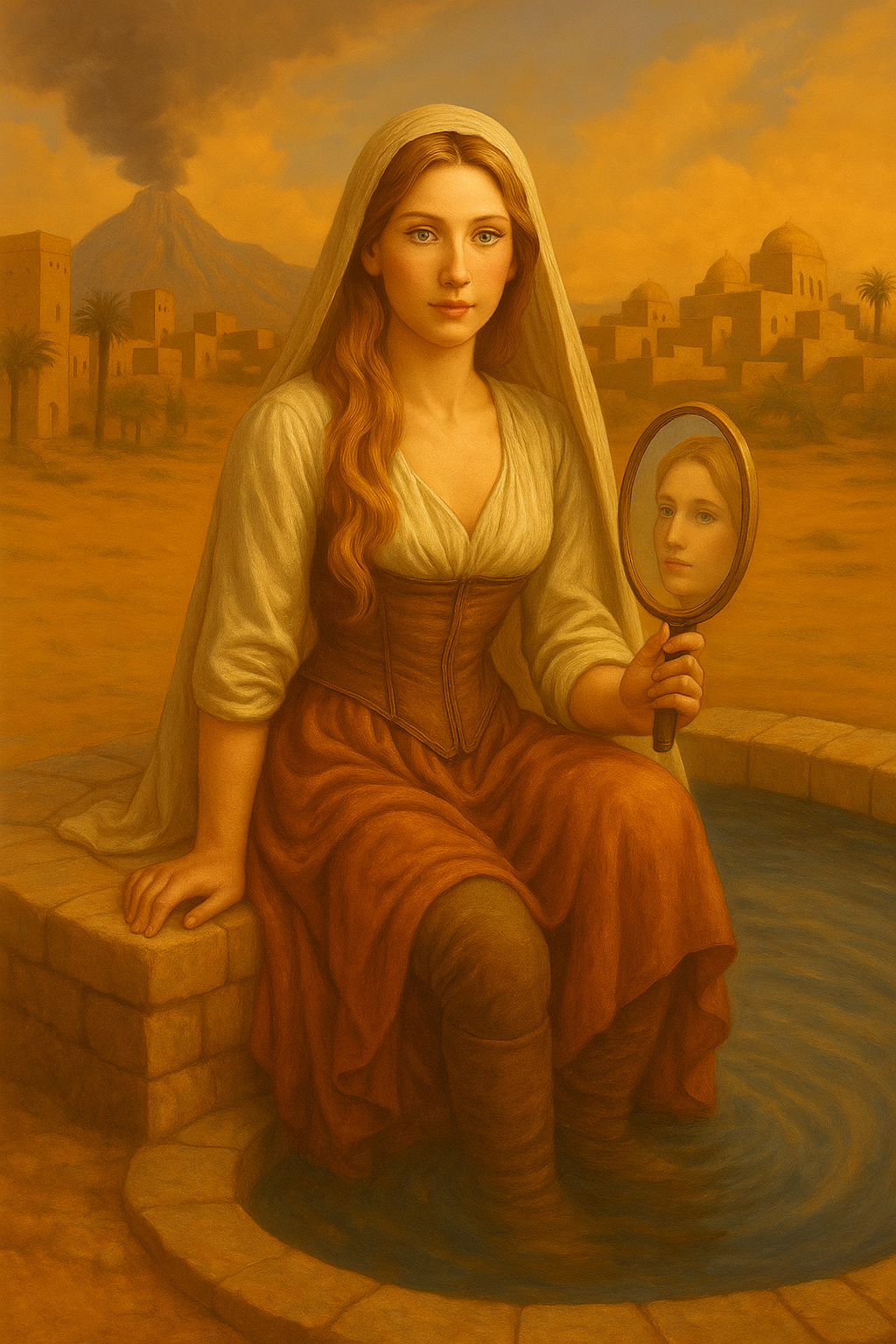 a woman holding a hand mirror sits on the edge of a well