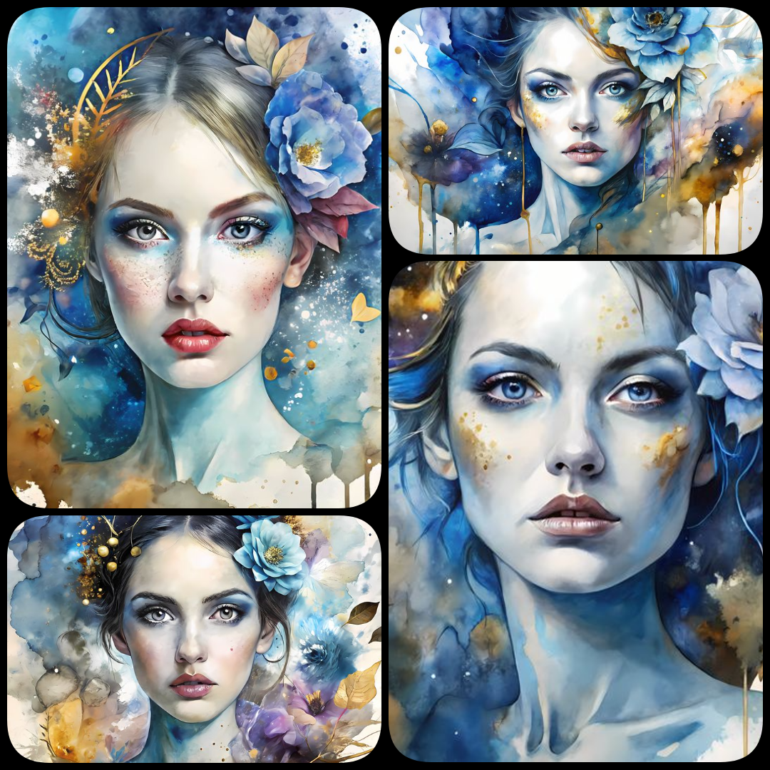 Discover 40 high-resolution blue-hued artworks featuring women’s faces with floral accents in diverse styles like digital, futuristic, vintage, collage, and painterly. Perfect for scrapbooking and wall art projects. women’s faces art, blue floral portrait