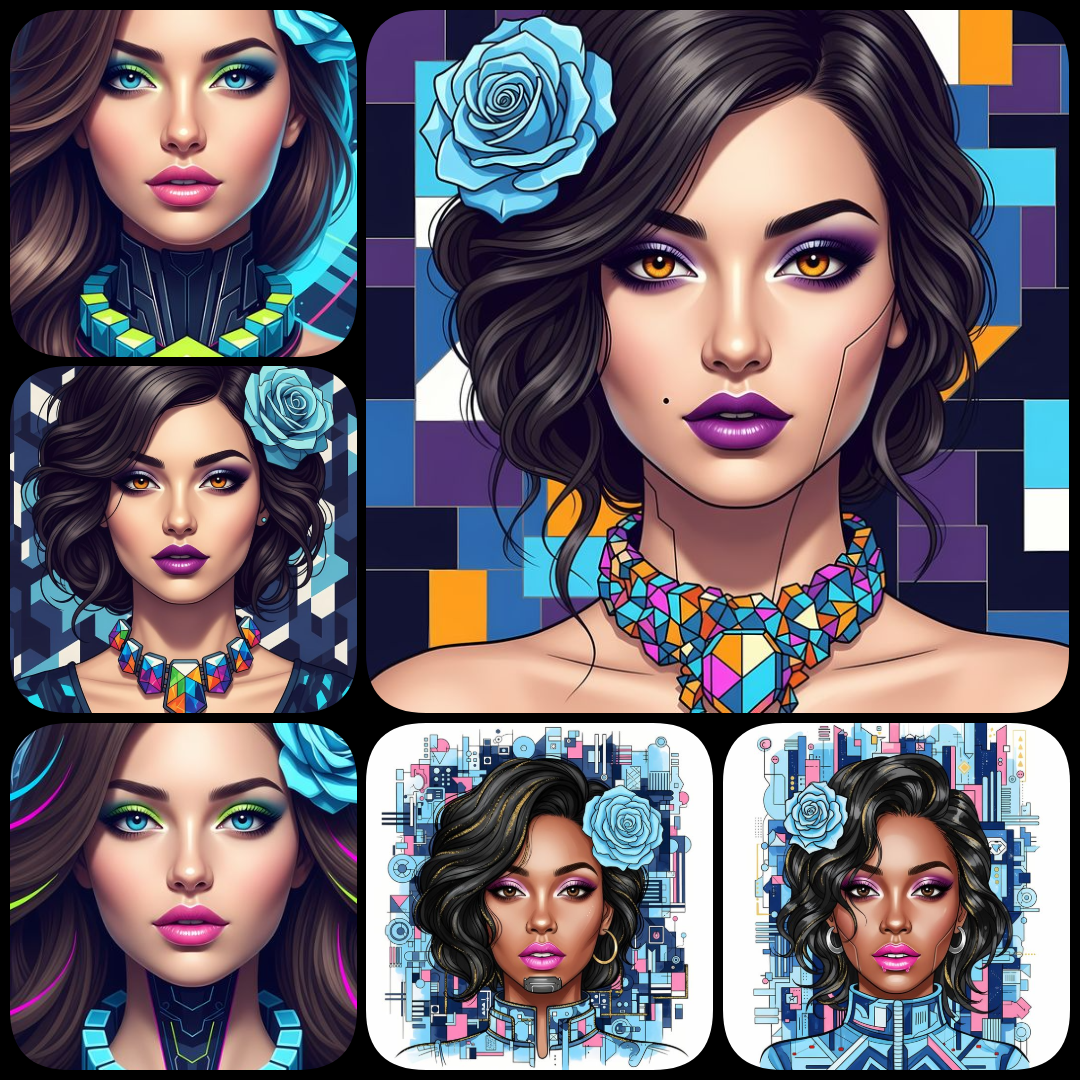 Discover 40 high-resolution blue-hued artworks featuring women’s faces with floral accents in diverse styles like digital, futuristic, vintage, collage, and painterly. Perfect for scrapbooking and wall art projects. women’s faces art, blue floral portrait